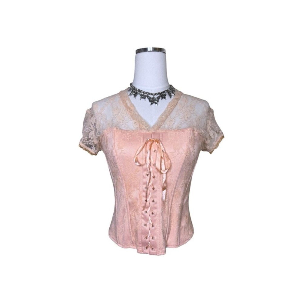 Y2K Cotton Express Pink Lace Corset Top with Ribbon Front Size Medium